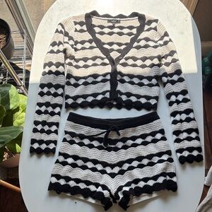 Lulus Stylish Bliss Ivory and Black Striped Crochet Cardigan & Shorts Set